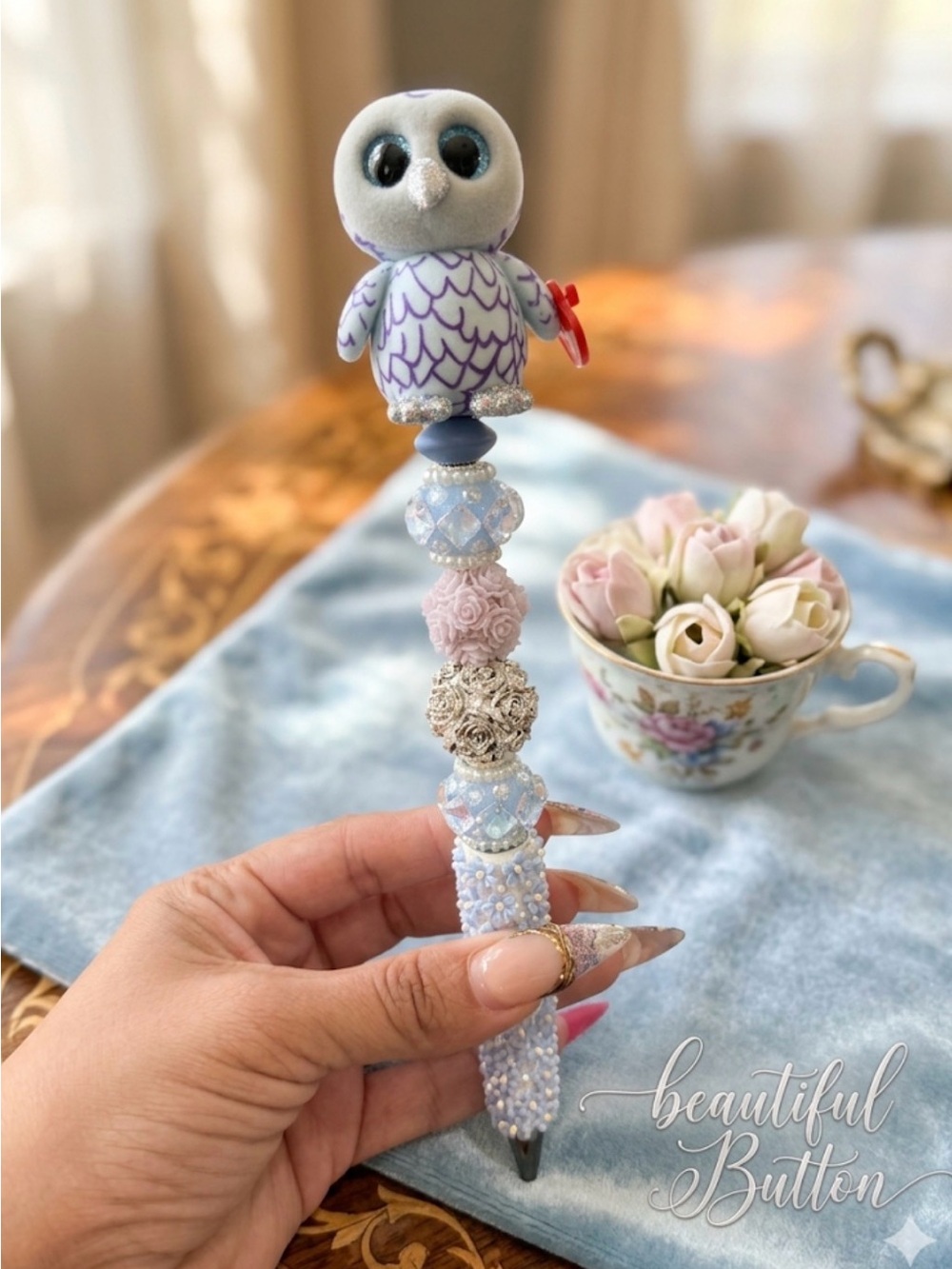 Handcrafted Lavender Owl Beaded Pen - Beautiful Button